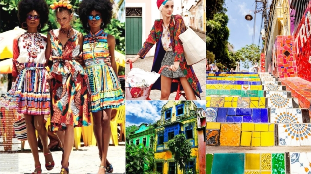 Mulher brasileira vestindo vestido leve com estampa tropical, em ambiente ao ar livre com vegetação, representando moda sustentável.